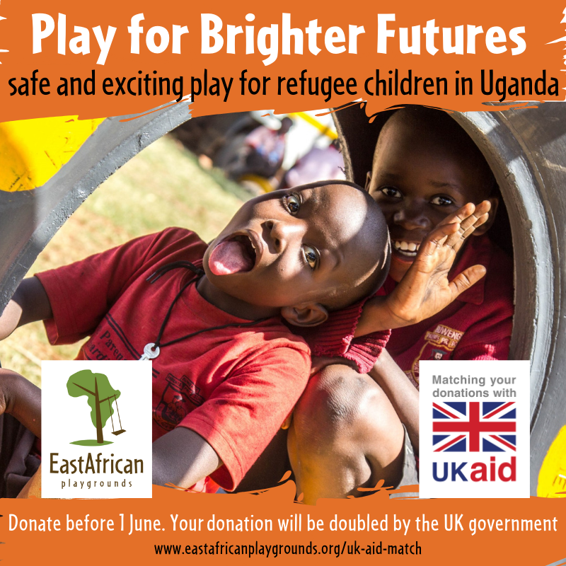 East African Playgrounds campaign image for Play for Brighter Futures featuring two smiling children on a slide