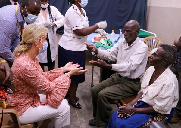 HRH the Countess of Wessex meeting Amos and others, having their bandages removed with the support of SightSavers