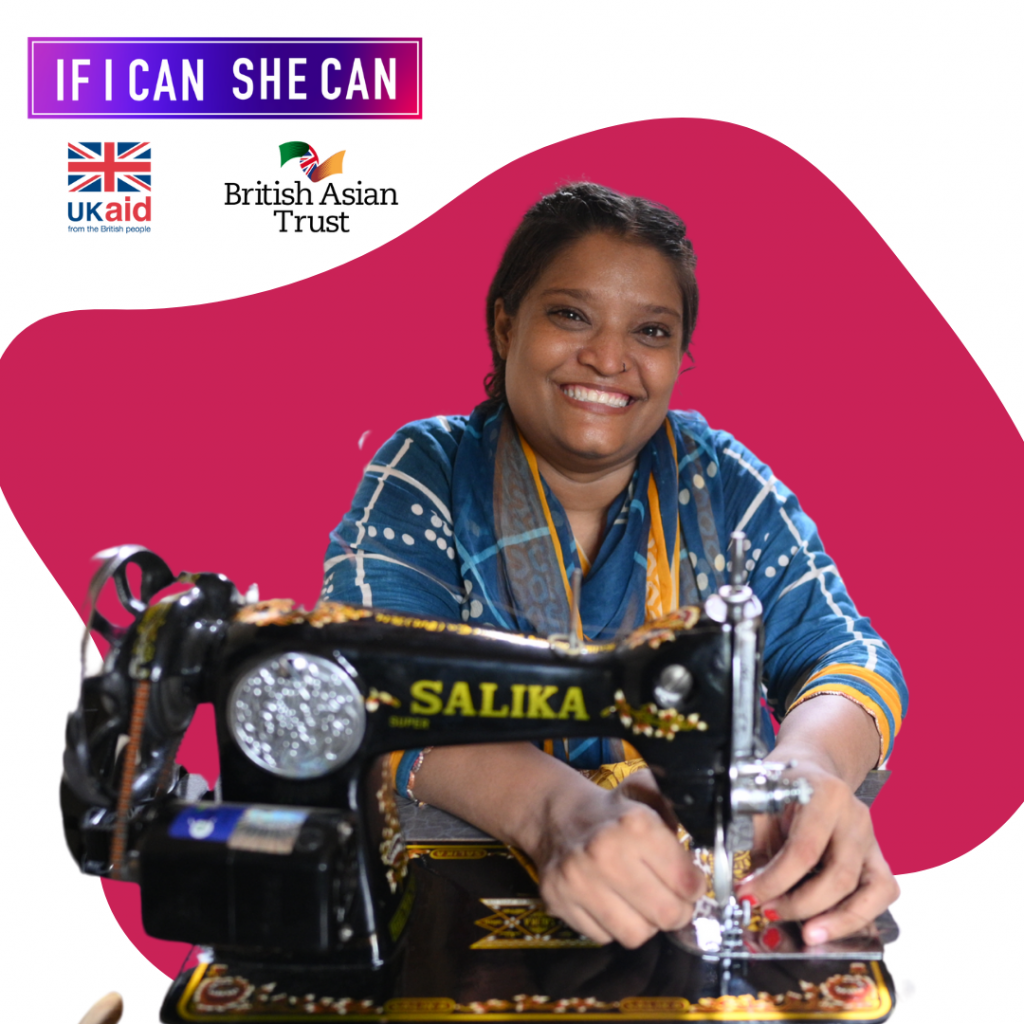 A women smiling while using a sewing machine. 